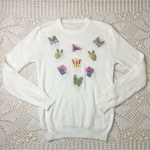 Vintage 1970s Women's Small Ivory Butterfly Embroidered Knitted Boho Shirt